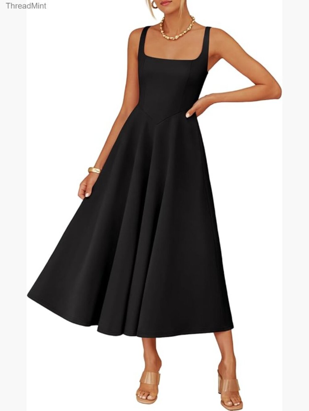 Sleeveless Midi Dress with Pockets, Square Neck, A-Line, Summer Casual - Picture 1 of 7